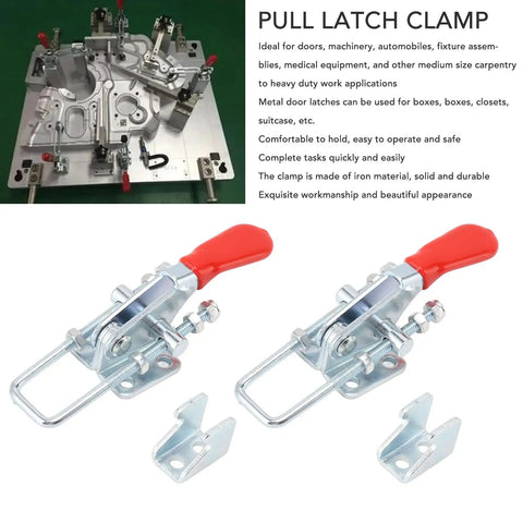 Heavy Duty Iron 2 Pack Quick Release Toggle Latch Clamps with red handles for secure pull locking, 7.5x3x3cm, ideal for heavy doors.