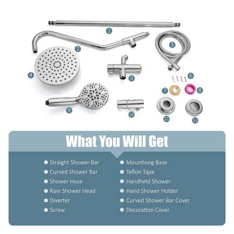 Retrofit Shower System With 6 Function Handheld Sprayer And 8 Inch Rain Shower Head, Adjustable Slide Bar, all components displayed