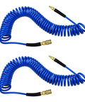 Polyurethane Recoil Air Hose With Self Coiling Twenty Five Feet For Air Compressor One Quarter Inch Inner Diameter Bend Restrictor Quick Coupler And Plug Blue, shown coiled in two sets, highlighting flexibility.