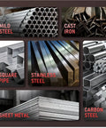 Different metal types including mild steel, cast iron, square pipe, stainless steel, sheet metal, and carbon steel.