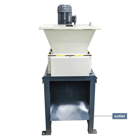 Heavy Duty All In One Industrial Waste Shredder Crusher Beast For Circuit Boards Metal Sheets Plastic Paperboard Cloth Wood And Kitchen Garbage 220V Milling Grinder With 26 Gear Blade System front view showing outlet