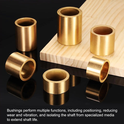 3 Pack Sleeve Bearings With 25mm Bore 30mm OD And 25mm Length Self Lubricating Sintered Bronze Bushings For Heavy Duty Use, Wide Temperature Range, Low Friction, And Smooth Quiet Operation, shown with five bronze bushings
