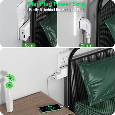 Swivel Wall Adapter Converts Two Prong To Three Prong With Polarized Grounding And Flat Straight Plug Design, showing flat plug behind sofa.