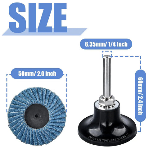 Dimensions of 15 Piece Two Inch Roll Lock Flap Disc Kit For Die Grinders With 40 60 80 Grit Quick Change Abrasives One Quarter Inch Shank Pad