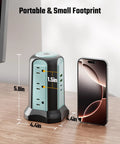 Power Strip Tower Surge Protector With 9 Outlets And 4 USB Ports, 10 Ft Extension Cord, Space Saving Design next to smartphone