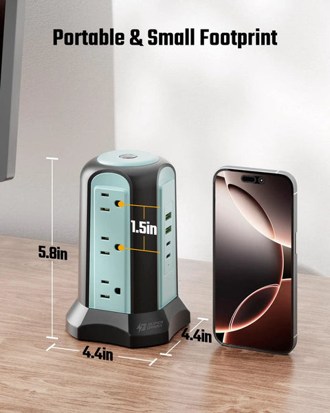 Power Strip Tower Surge Protector With 9 Outlets And 4 USB Ports, 10 Ft Extension Cord, Space Saving Design next to smartphone