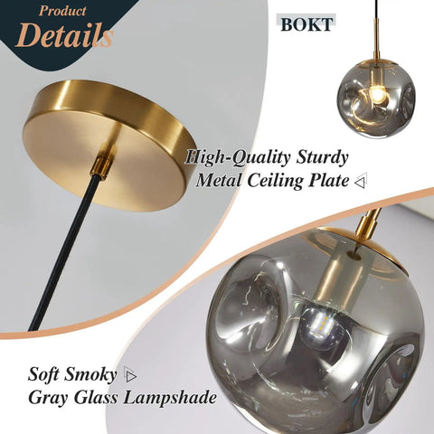 Brass Gold Globe Pendant Light Lit With Smoke Gray Glass Shade Mid Century Modern Ceiling Hanging Fixture close-up details