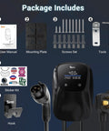 Package contents for Level 2 Electric Vehicle Charger J1772 40 Amp 240 Volt Home Evse with Nema 14 50 Plug 25 Ft Cable, including user manual.