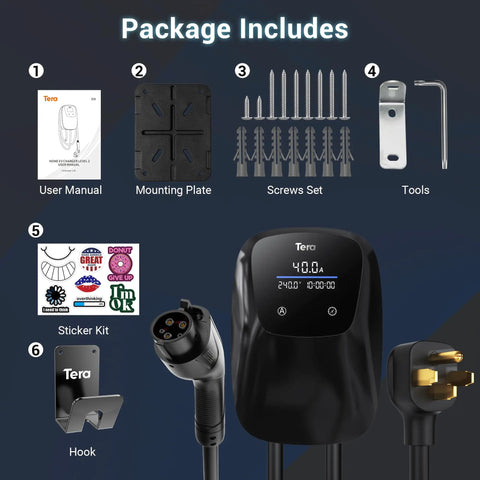Package contents for Level 2 Electric Vehicle Charger J1772 40 Amp 240 Volt Home Evse with Nema 14 50 Plug 25 Ft Cable, including user manual.