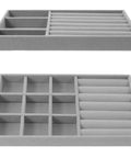 Slick Velvet Jewelry Tray With Anti Scratch Compartments For Rings And Bracelets Includes Dual Grid Foam Inserts, gray velvet organizer design.