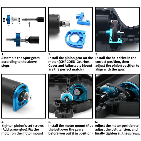 Belt Drive Transmission Kit installation steps for 1 by 10 on road RC cars with aluminum 32T and 16T pulleys and metal spur gear.