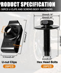All In One M6 1.0 Fender Liner Screw And U Nut Clips Kit With 50 Pieces for Fender Engine Cover Splash Shield and Body Fasteners