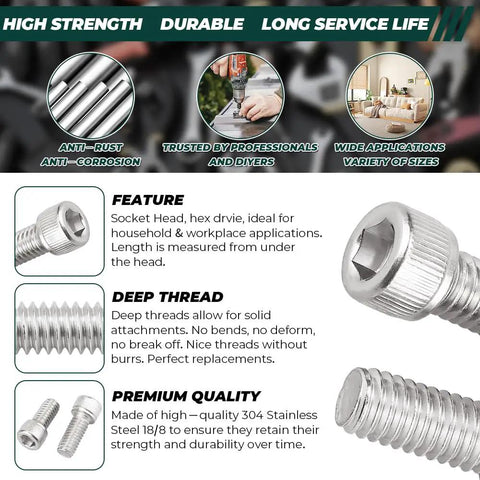 Image of High Octane 1/4-20 X 1 Socket Head Cap Screws in Knockout 304 Stainless Steel with hex drive for heavy duty use.