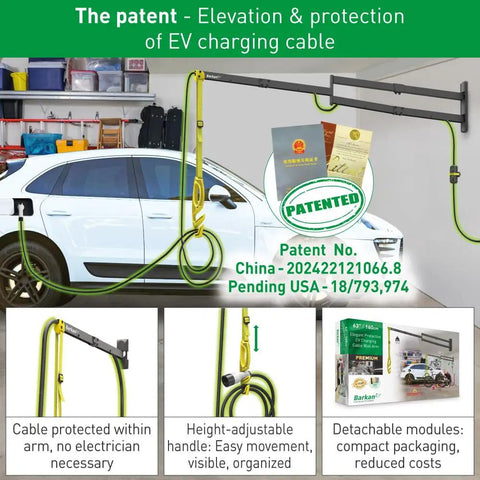 Heavy Duty EV Charging Cable Wall Mount Retractor Arm With Badass Weatherproof Zinc Coating For Indoor Outdoor Electric Vehicle Cord Management and Clean Safe Driveway Setup, installed with visible cords.
