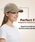 Woman wearing Womens Ponytail Cap With Dual High And Low Openings For Messy Buns And Thick Hair Distressed Washed Dad Hat Unconstructed Trucker Style Light Khaki Color For Workouts Outdoor Activities And Casual Everyday Use, shown from the side with text about sizing