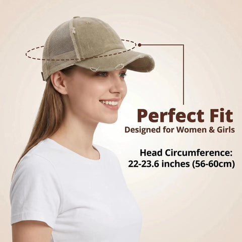 Woman wearing Womens Ponytail Cap With Dual High And Low Openings For Messy Buns And Thick Hair Distressed Washed Dad Hat Unconstructed Trucker Style Light Khaki Color For Workouts Outdoor Activities And Casual Everyday Use, shown from the side with text about sizing
