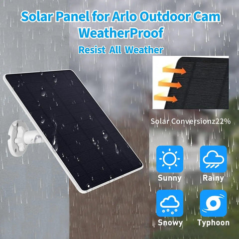 Rugged Solar Panel Charger That Keeps The Juice Flowing For Essential 2K Outdoor And Essential Spotlight Cameras USB C And Micro USB Ports 9.8 Foot Cable IP66 Weatherproof Outdoor Security Solution 1 Pack mounted in rain.
