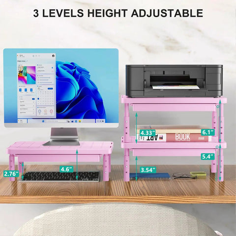 Pink Monitor Stand With Storage, Desk Riser And Laptop Elevation, 3 Height Adjustable Levels, Airflow Vents, Non Slip Feet
