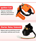 GY6 Ignition Coil CDI Box Starter Solenoid Relay Kit For 150cc 50cc 125cc Tao Tao Roketa Go Kart ATV Scooters With Voltage Regulator Rectifier Orange, showing ignition coil and starter solenoid