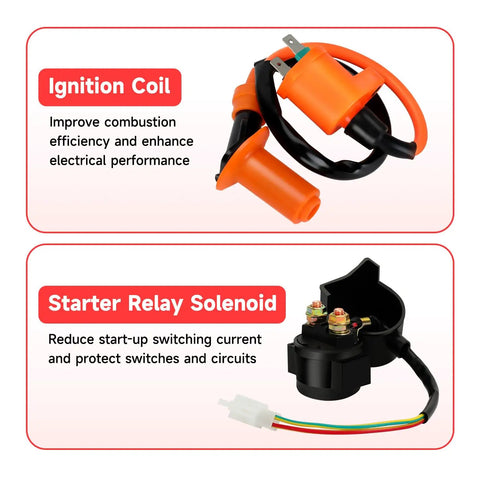 GY6 Ignition Coil CDI Box Starter Solenoid Relay Kit For 150cc 50cc 125cc Tao Tao Roketa Go Kart ATV Scooters With Voltage Regulator Rectifier Orange, showing ignition coil and starter solenoid
