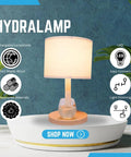 Water Dispenser Lamp With Led Dimmer And Built In Water Pump Beside Table Light on display, maple base, white shade