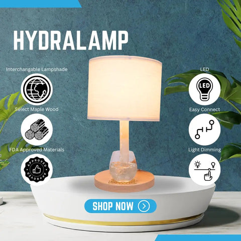 Water Dispenser Lamp With Led Dimmer And Built In Water Pump Beside Table Light on display, maple base, white shade