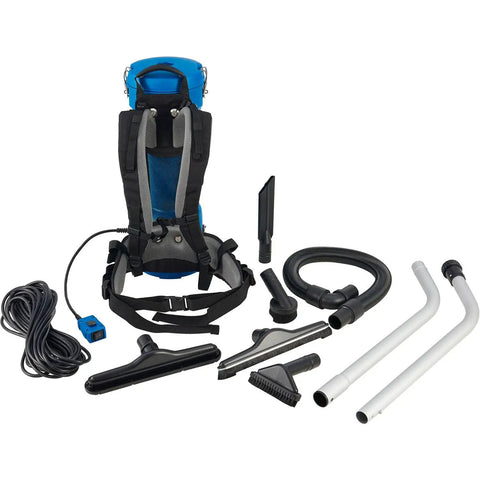 Ergonomic HEPA Backpack Vacuum With 8 Piece Tool Kit 2.5 Gallon Capacity 105 CFM 1080W 120V 50 Foot Power Cord Ultra Quiet 70 DB Lightweight 13 Lb