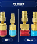 Comparison of old and new R1234YF to R134A Quick Coupler Adapter Kit with brass fittings and colored rings for auto AC systems