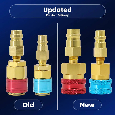 Comparison of old and new R1234YF to R134A Quick Coupler Adapter Kit with brass fittings and colored rings for auto AC systems