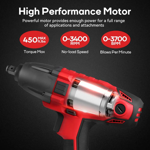 800W Electric Impact Wrench Heavy Duty Corded Tool With 450 Ft Lbs Max Torque, 3400 RPM, 3700 BPM, Half Inch Hog Ring Anvil