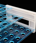 Close-up of Three Layer Plastic Test Tube Rack With Fifty Holes For 13mm To 16mm Tubes Detachable Lab Go To Organizer in light blue