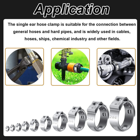 Front view of Seept 75Pcs 8 Sizes 304 stainless steel single-ear hose clamps kit, 6–23.5mm, arranged by size.
