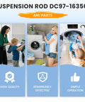 Premium Stainless Steel Washer Suspension Rods Replacement Kit For Front Load Washers DC97-16350E, Fits WA45H7000AW A2 And Similar Models, Heavy Duty, 1.5x Thicker, Quiet, Smooth Operation, Easy DIY Install, Durable Support For Balanced Loads. Suspension rod graphic with washer use scenes.