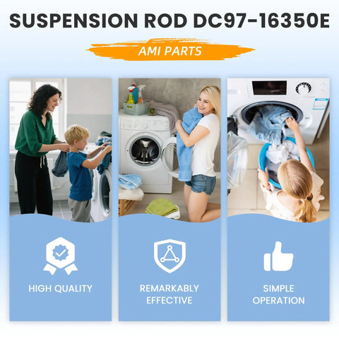 Premium Stainless Steel Washer Suspension Rods Replacement Kit For Front Load Washers DC97-16350E, Fits WA45H7000AW A2 And Similar Models, Heavy Duty, 1.5x Thicker, Quiet, Smooth Operation, Easy DIY Install, Durable Support For Balanced Loads. Suspension rod graphic with washer use scenes.