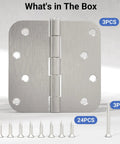 Three Pack 4 Inch Door Hinges Built Tough, Solid Iron Construction, Satin Nickel Finish, 5/8 Inch Radius Corner with Screws