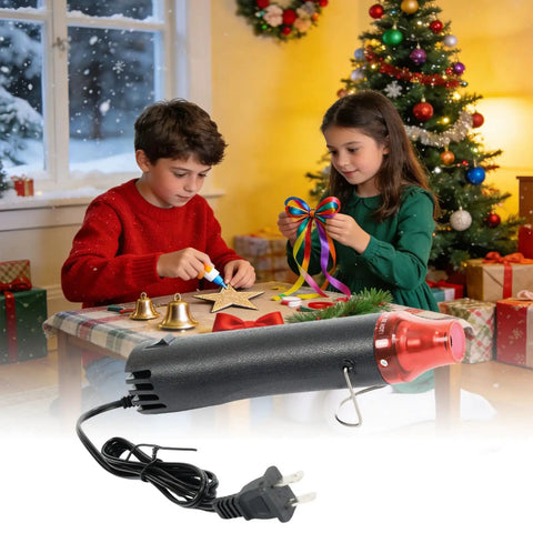 Crafts Heat Gun 110V 300W Handy Hot Air Tool with children crafting beside a Christmas tree, showcasing the long cord and stand.