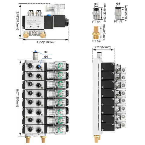Eight Station 24V DC Pro Grade Solenoid Valve Manifold With Five Way Two Position Pneumatic Air Valve Eight Solenoids Quarter Inch Port Includes Manifold Base And Mufflers Model 4V21008 dimensions and components