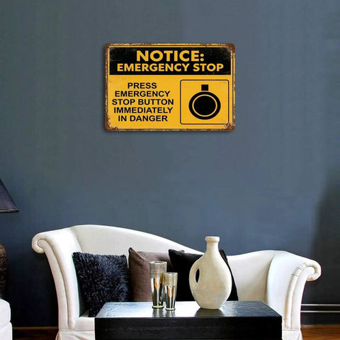 Emergency Stop Button Safety Sign Vintage Tin Wall Decor 8x12 Inch Yellow And Black Industrial Plaque in living room