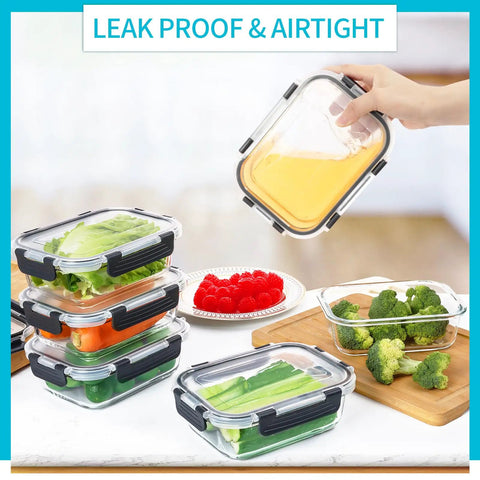 Glass Meal Prep Storage Containers Set 22 Oz Each 10 Pack With Airtight BPA Free Lids filled with fresh vegetables and juice