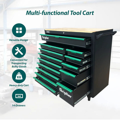Side view of Beefy Rolling 14 Drawer Tool Chest With Wood Work Surface And Lockable Cabinet Heavy Duty Steel Shop Cart With 5 Inch Brake Casters Includes 348 Piece Tool Set For Home Garage Or Workshop showing multi-functional tool cart design.