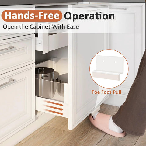 Foot operating Hands Free Cabinet Foot Pull for trash cans and doors, mounted under a full overlay cabinet, white finish.