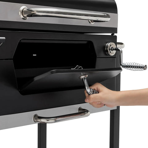 Adjusting handle on 24 Inch Charcoal Grill With Folding Table And Handle Grilling Ready Backyard BBQ Smoker 490 Sq In Total Cooking Space
