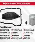 Beefed Up Transmission Filter And Oil Pan Gasket Kit For Ram Jeep Dodge And Chrysler Vehicles Covering Ram 1500 2500 3500 Grand Cherokee Liberty Durango Dakota And Aspen showing replacement part number list