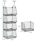 4 Tier Closet Hanging Organizer With 5 S Hooks Freestanding Wire Bins And Shelves, dimensions labeled, side view.