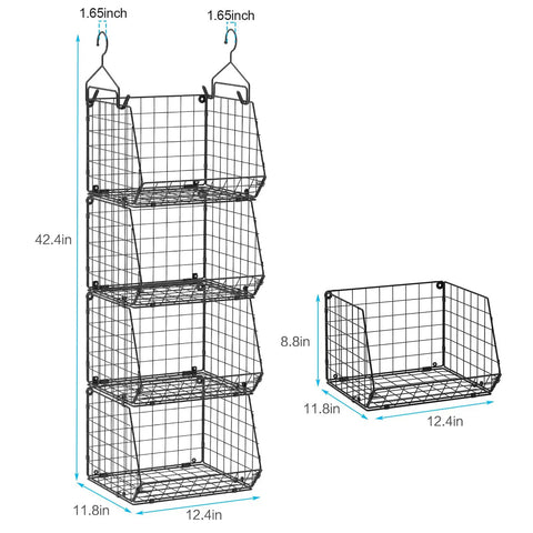 4 Tier Closet Hanging Organizer With 5 S Hooks Freestanding Wire Bins And Shelves, dimensions labeled, side view.