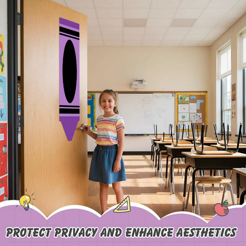 Classroom with door featuring the 2 Pack Crayon Blackout Curtains For Classrooms And Doors Thick Light Blocking Panels in purple.