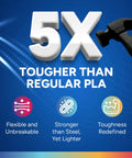 Overture PLA Plus black 1.75mm filament, 1kg, banner image promoting 5X tougher PLA
