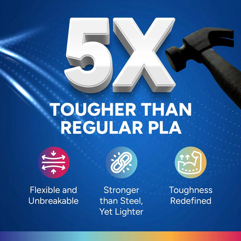 Overture PLA Plus black 1.75mm filament, 1kg, banner image promoting 5X tougher PLA