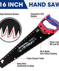 16 Inch Universal Handsaw With Non Slip Ergonomic Handle Anti Rust SK5 Steel Blade With Black Teflon Coating Chip Removal Design