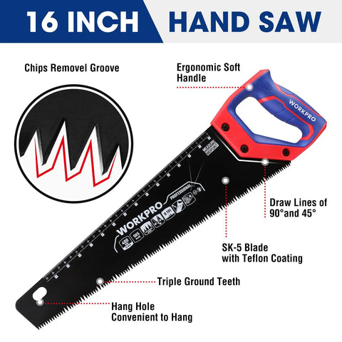 16 Inch Universal Handsaw With Non Slip Ergonomic Handle Anti Rust SK5 Steel Blade With Black Teflon Coating Chip Removal Design